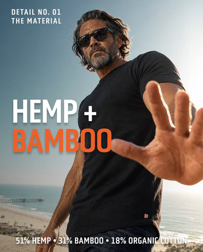 EARTH’S LIFETIME TEE: HEMP. BAMBOO. NO PFAS. GRIPS ARMS. HIDES GUT.